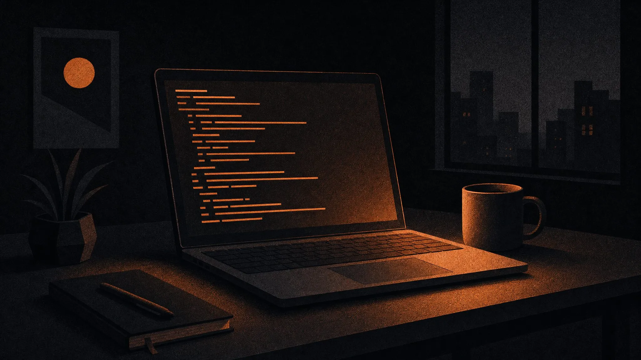 Arbeitsplatz bei Nacht mit aufgeklapptem Laptop, dessen Bildschirm warm orange leuchtet