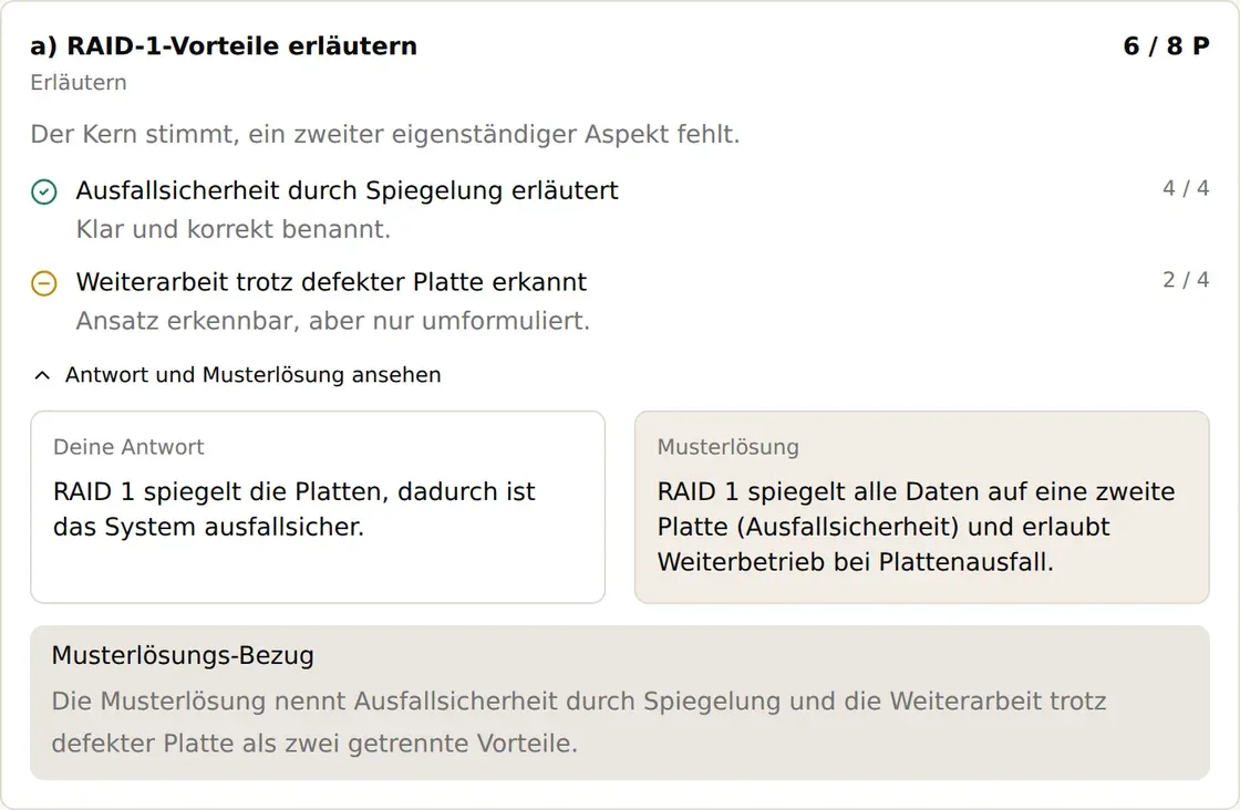 Feedback zu einer Antwort: 6 von 8 Punkten, ein Kriterium erfüllt, eines nur teilweise