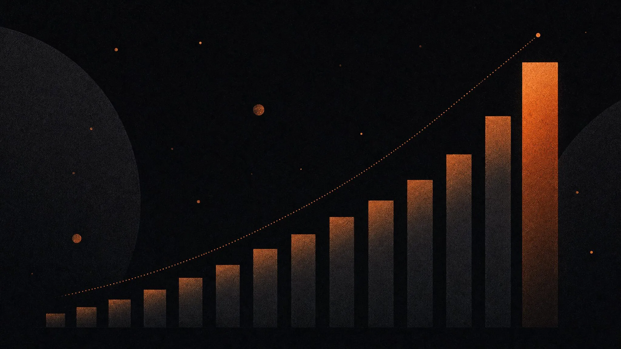 Aufsteigendes Balkendiagramm mit orange leuchtender gepunkteter Trendlinie