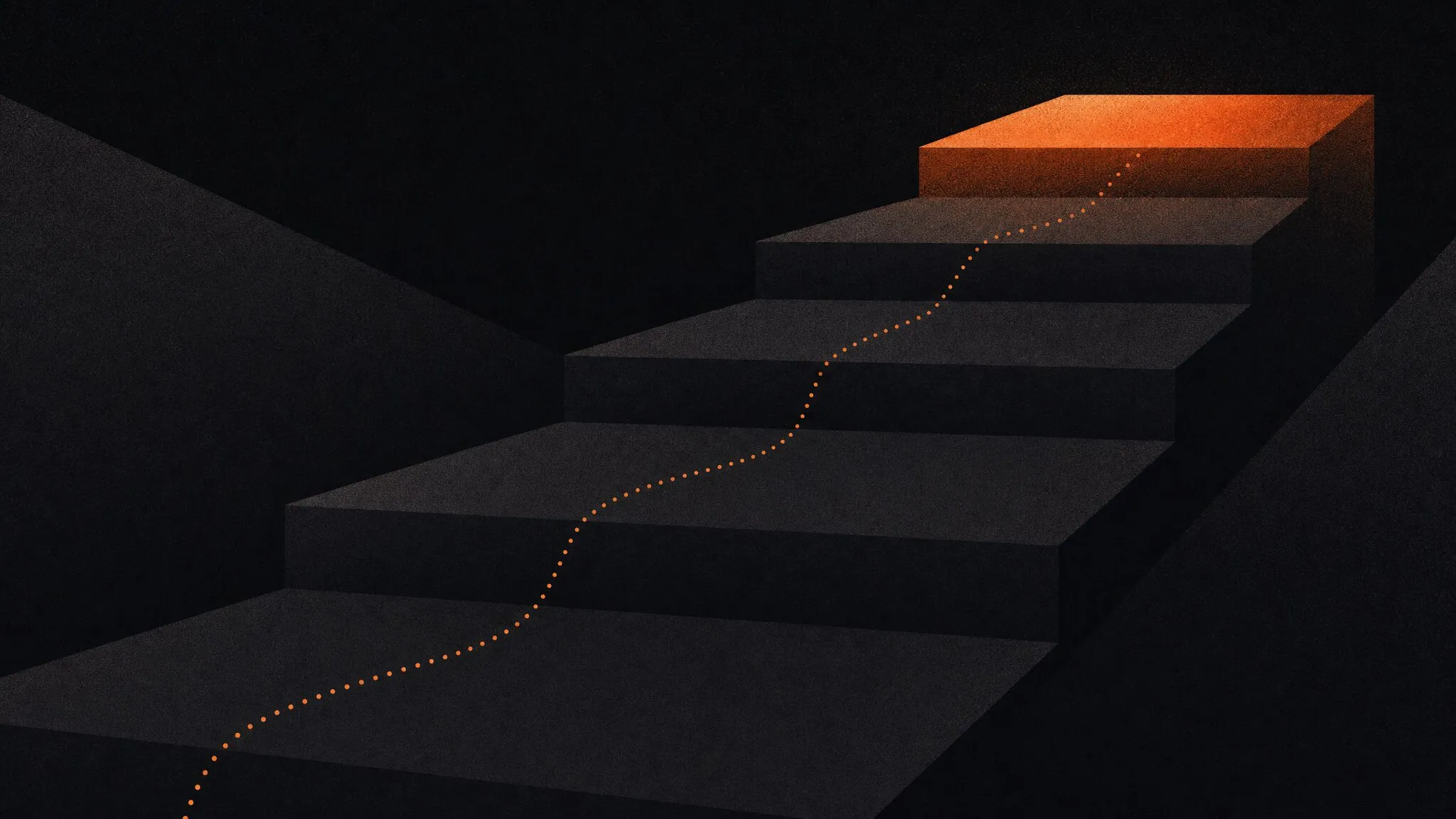 Dunkle Treppenstufen, die oberste Stufe leuchtet orange, eine gepunktete Linie zeichnet den Aufstieg