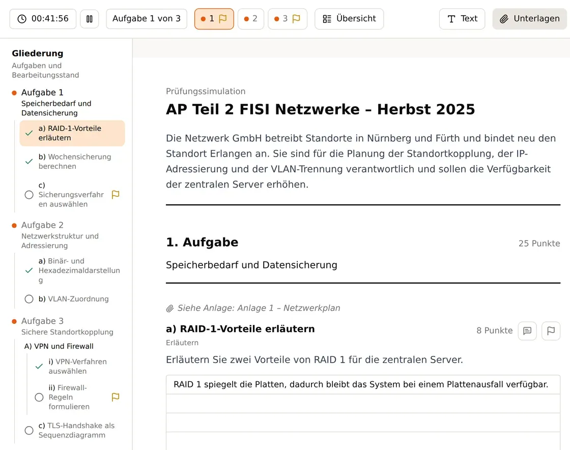 Prüfungssimulation: Gliederung mit Bearbeitungsstand, Zeitlimit und Antwortfeld zu einer AP2-Aufgabe